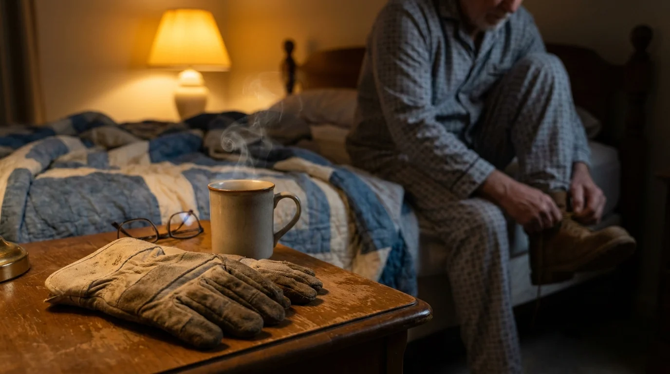 A bedside table with gardening gloves and tea, with a senior man getting ready for bed in the background.
