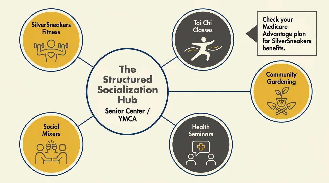 A clean infographic diagram showing the various activities and health benefits offered at senior community centers.
