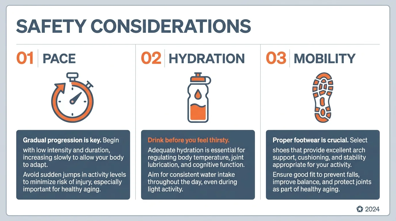 A clean, three-column infographic outlining safety tips for seniors, including pace, hydration, and mobility.