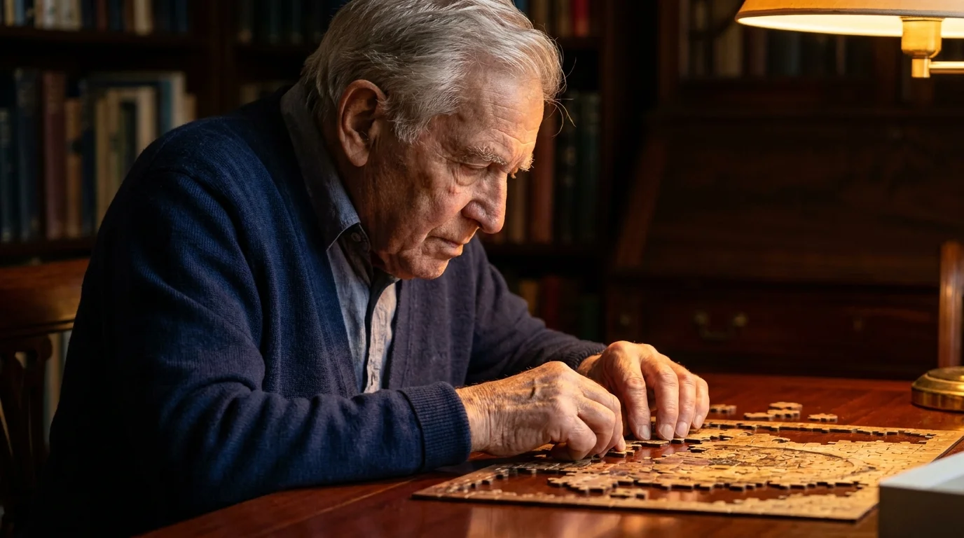 A close-up of a senior man's hands working on a challenging wooden puzzle in a study.