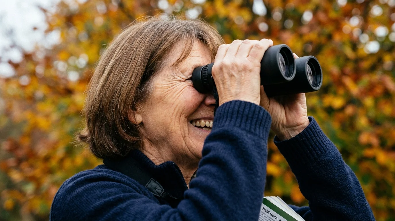 A close-up of a senior woman focused intently while looking through binoculars in an autumn forest.