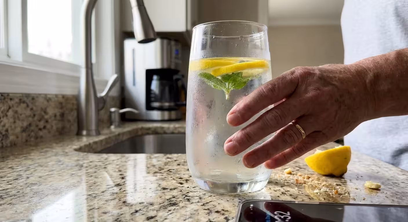 A close-up shot of a hand placing a glass of lemon water on a kitchen counter in the morning light.