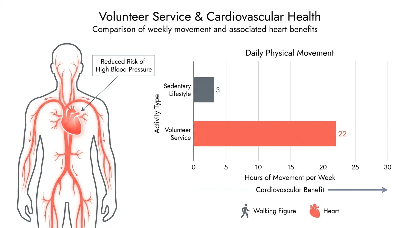 A data visualization showing how regular volunteer service increases physical movement and reduces high blood pressure risk.