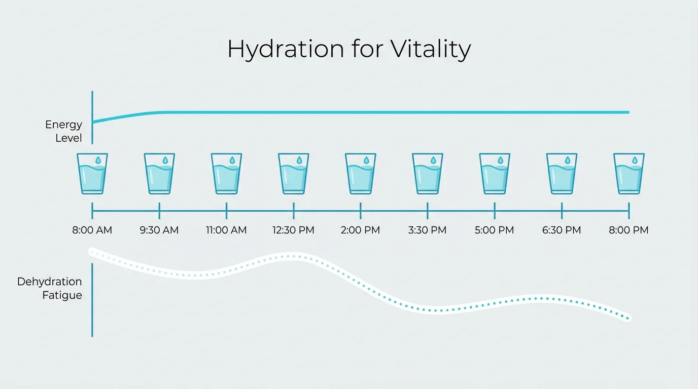 A diagram correlating regular water intake with sustained energy levels throughout the day.