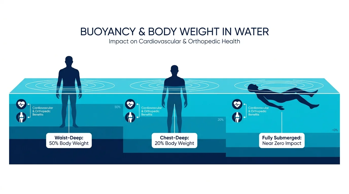 A diagram showing how water buoyancy reduces body weight at different depths: 50% at the waist and 20% at the chest.
