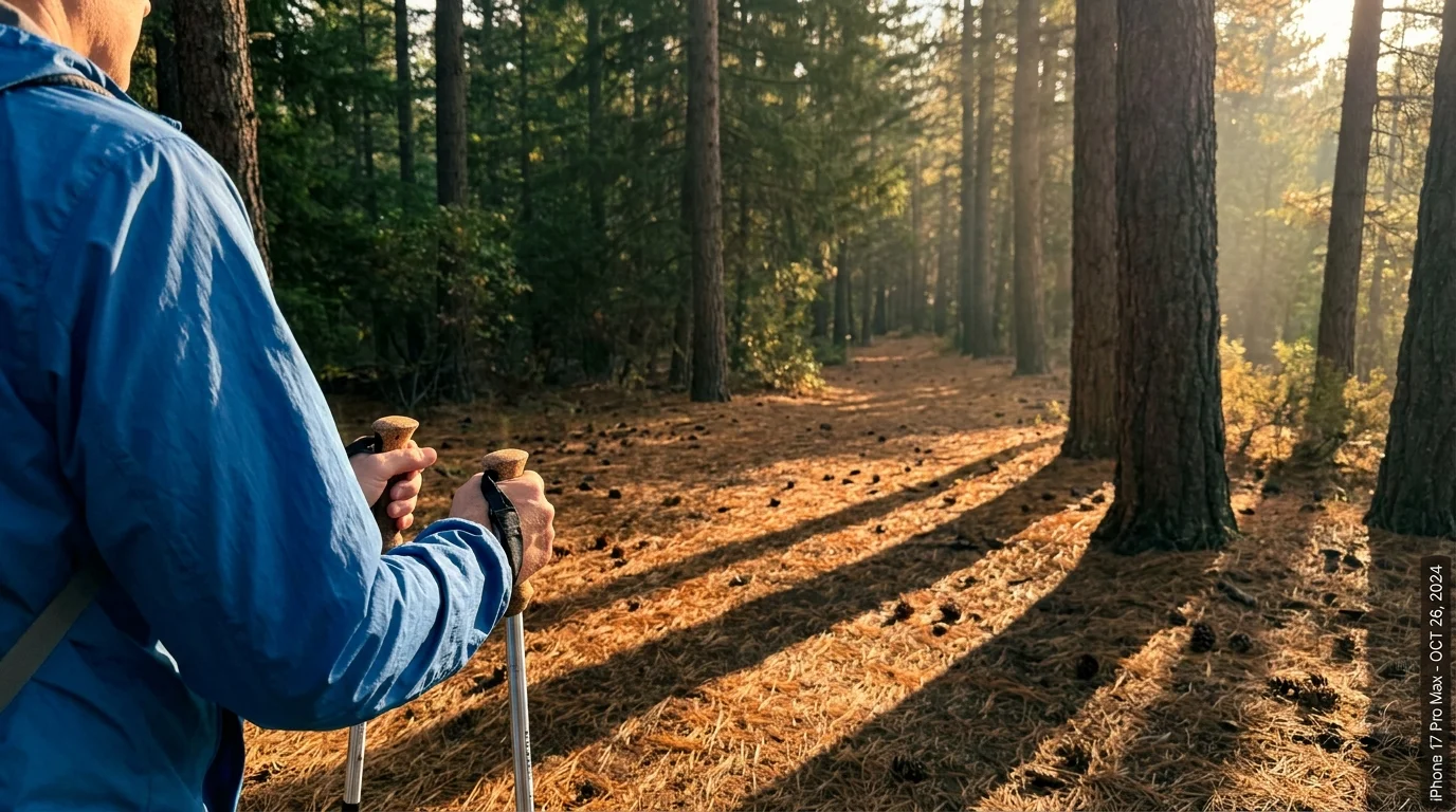 A first-person view of a forest trail during golden hour, with trekking poles in the foreground.
