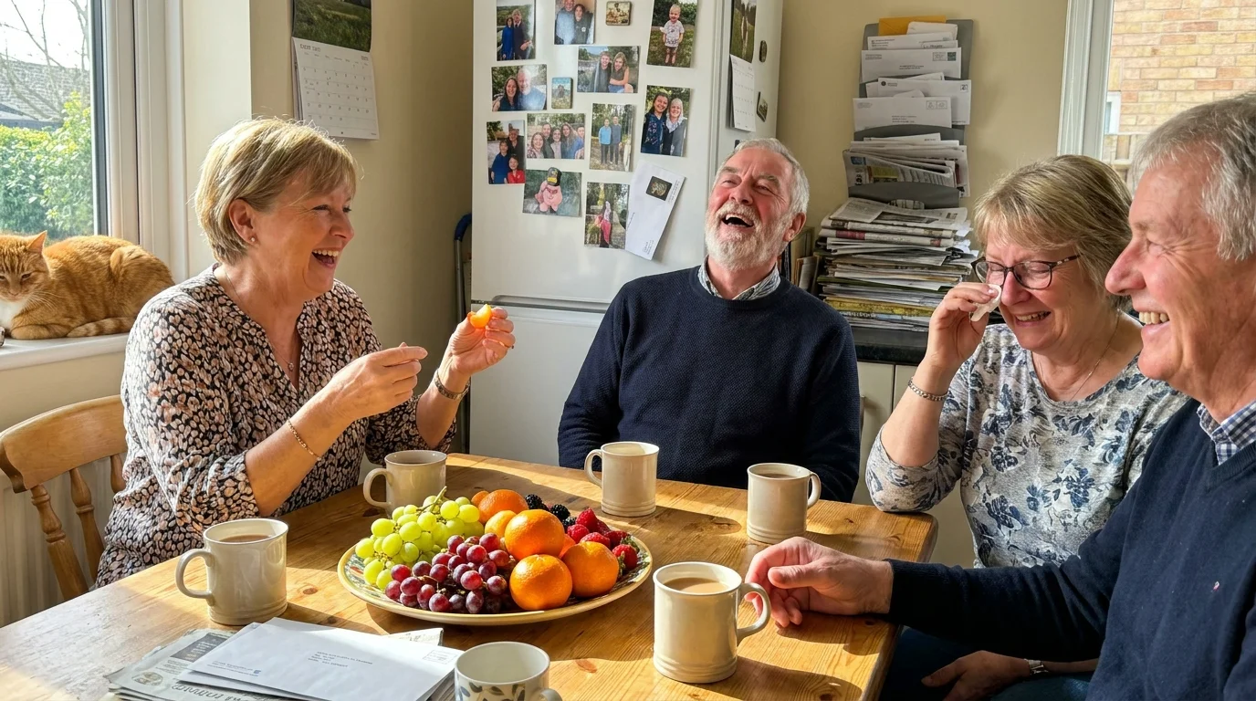 A group of senior friends laughing together over tea in a casual home kitchen.