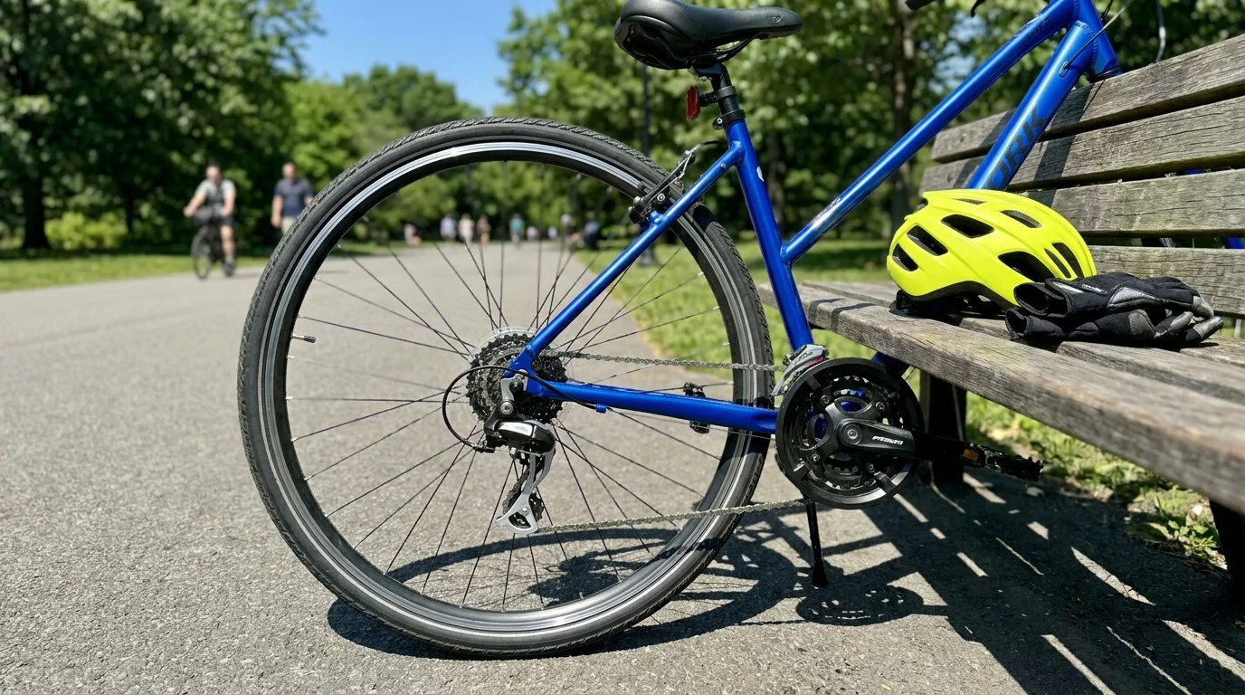 A hybrid bicycle and a yellow helmet resting against a park bench next to a paved cycling path.