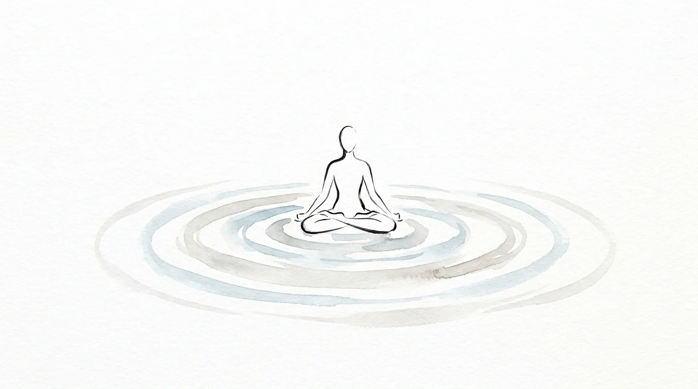 A minimalist illustration of a person meditating with calm blue ripples expanding outward.