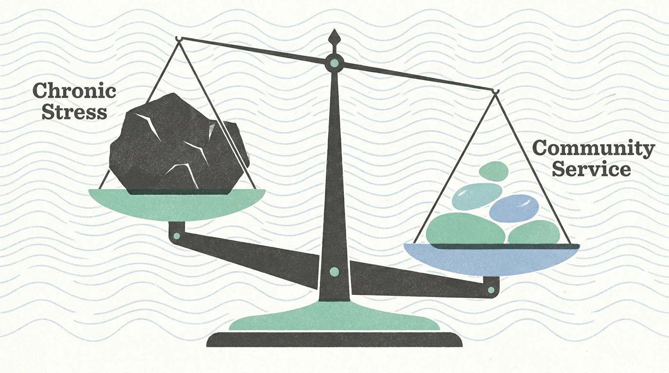 A minimalist illustration of a scale balancing stress with community service, representing reduced inflammation.
