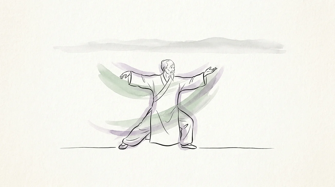 A minimalist ink and watercolor illustration of a person practicing a Tai Chi pose with fluid motion lines.