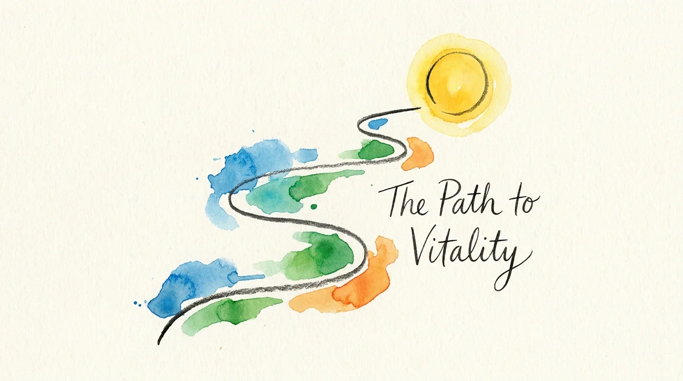 A minimalist ink and watercolor illustration of a winding path leading toward a bright sun, symbolizing a journey to wellness.