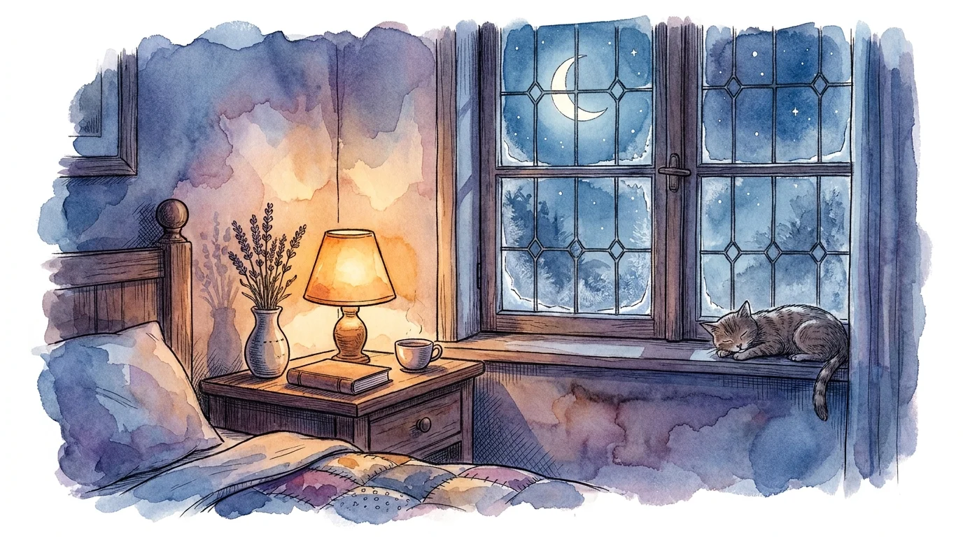 A peaceful watercolor painting of a bedside table at night, evoking a restorative sleep environment.