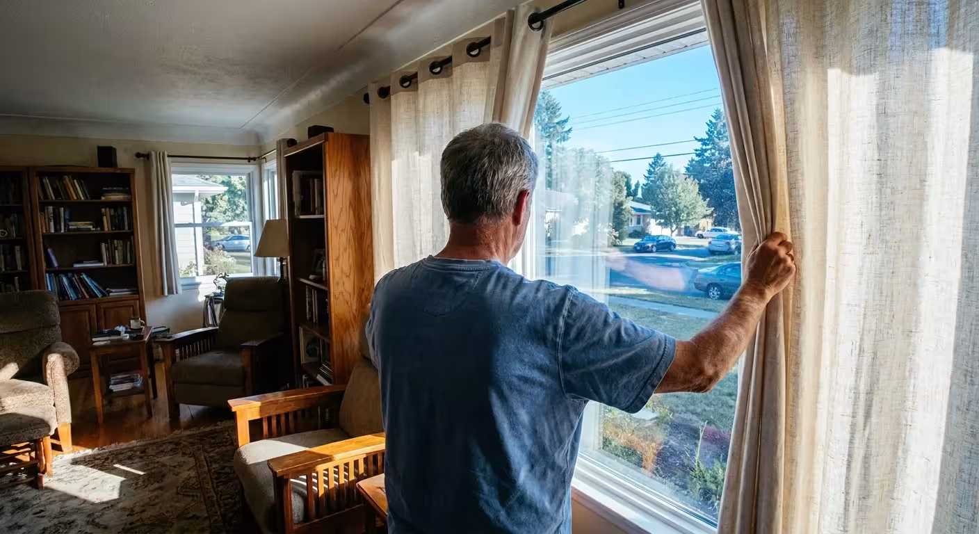 A senior man opening curtains in his living room to let in the bright morning sunlight.