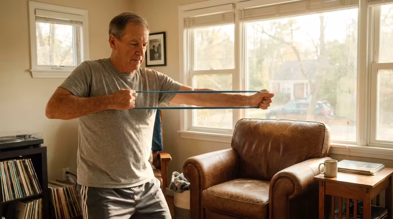 A senior man using a resistance band for strength training in his living room.