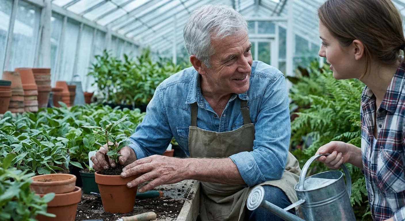 A senior man volunteering at a plant nursery, chatting with a fellow volunteer while potting a plant.