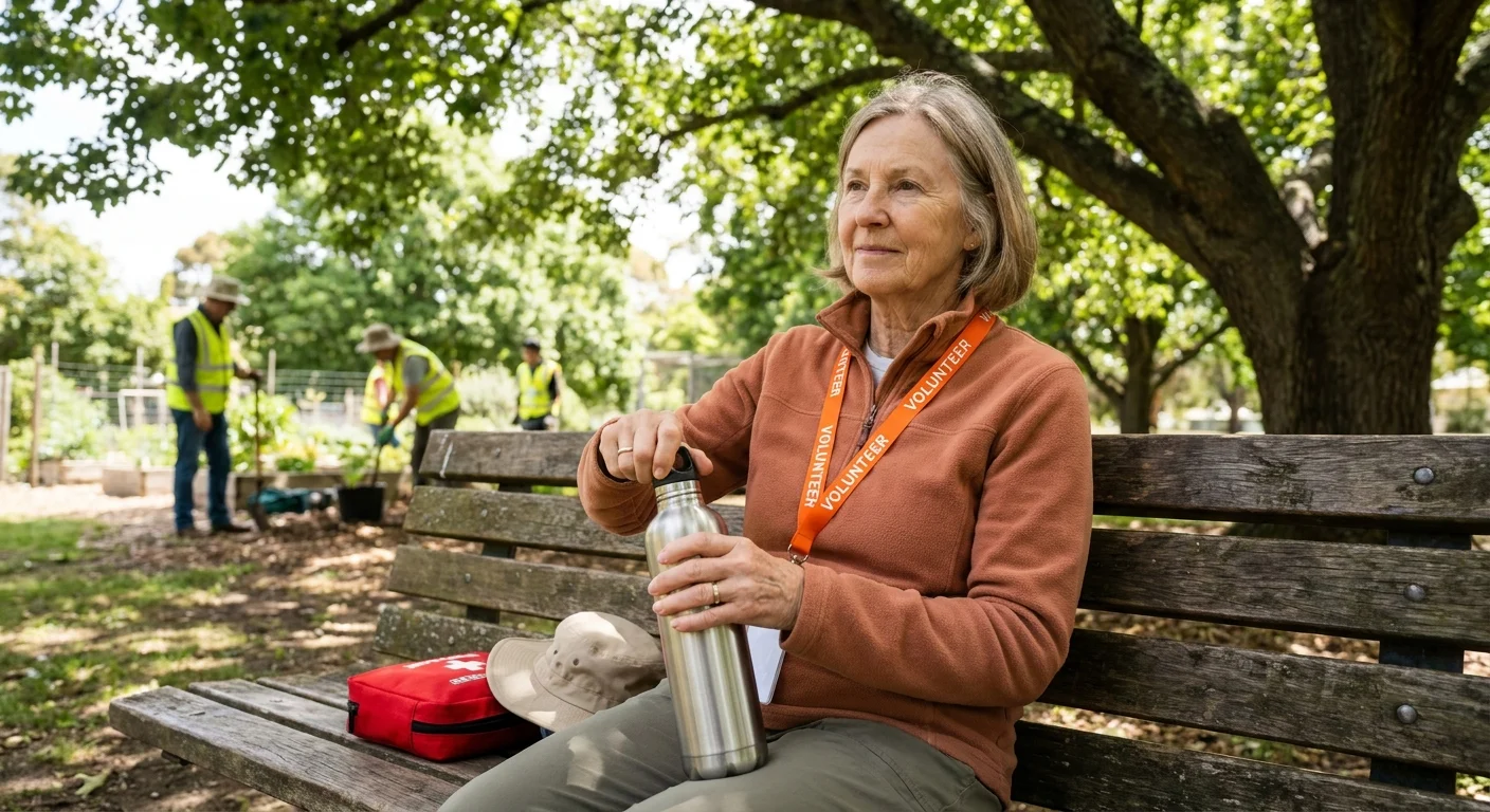 A senior volunteer wearing an orange lanyard takes a water break on a park bench next to a first-aid kit.
