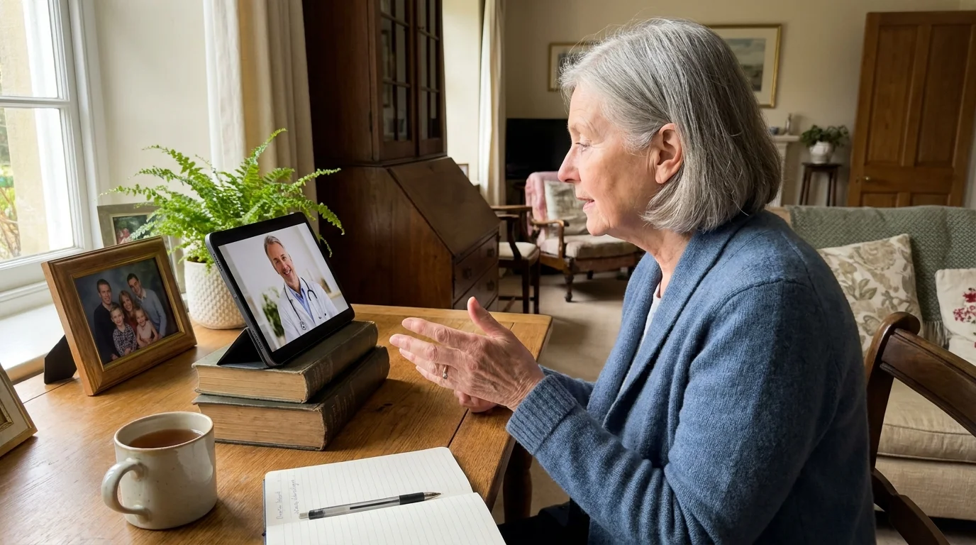 A senior woman in her living room having a telehealth consultation with her doctor on a tablet.