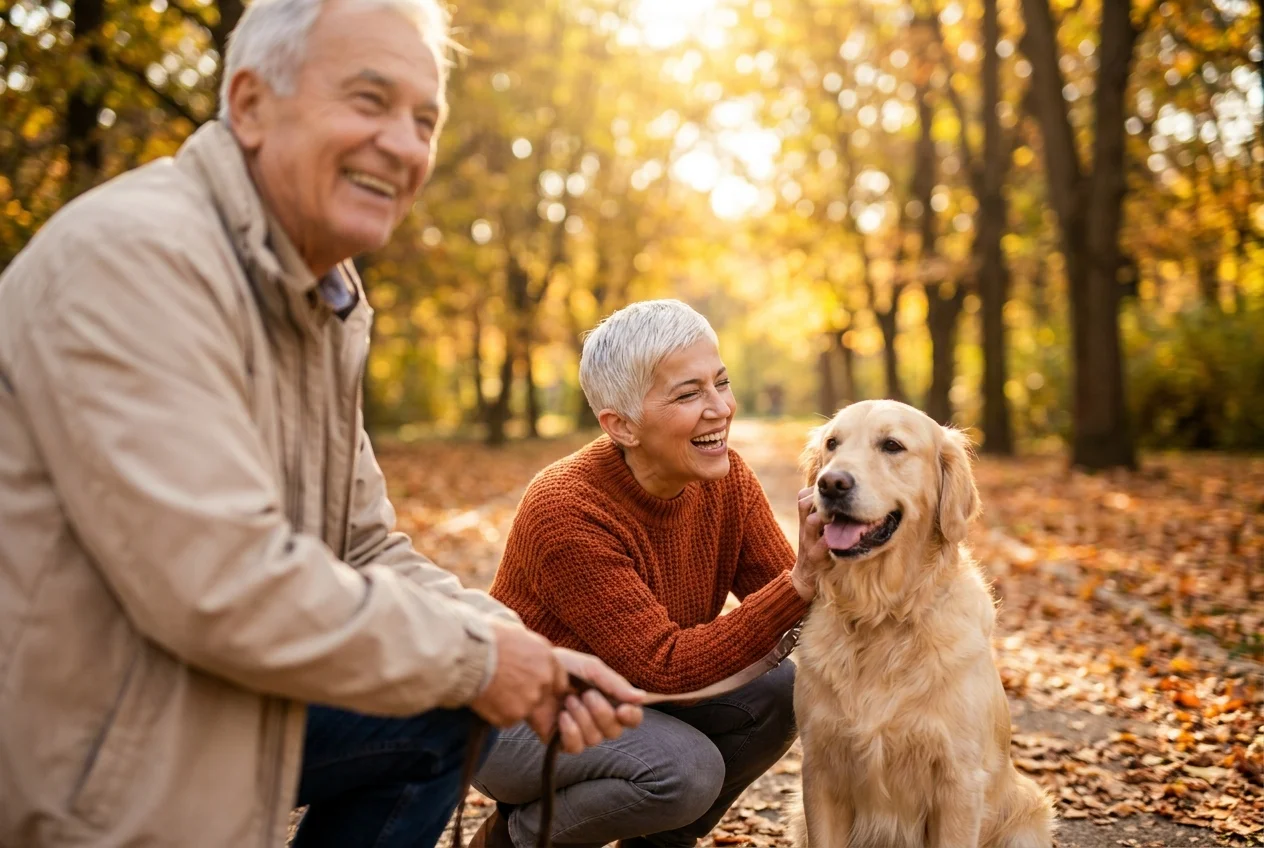 A senior woman laughing while petting a dog in a park, chatting with the dog's owner.
