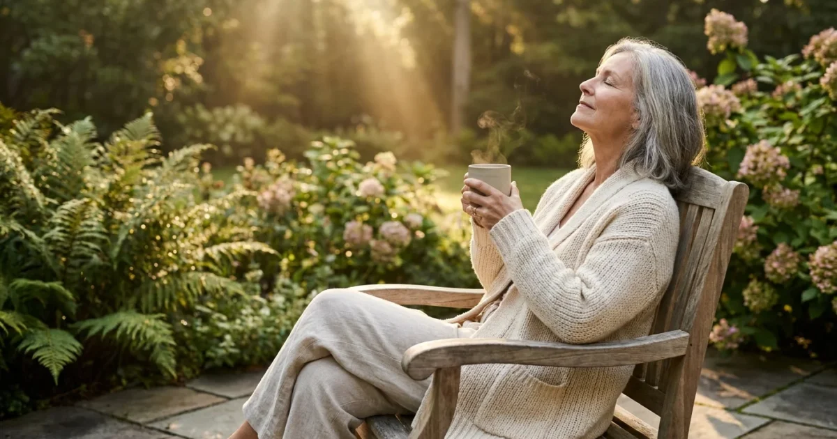 A senior woman sitting on a sunlit patio in a knit sweater, enjoying a peaceful morning with a warm drink.