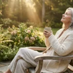 A senior woman sitting on a sunlit patio in a knit sweater, enjoying a peaceful morning with a warm drink.