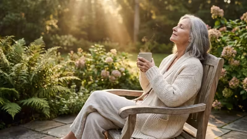 A senior woman sitting on a sunlit patio in a knit sweater, enjoying a peaceful morning with a warm drink.