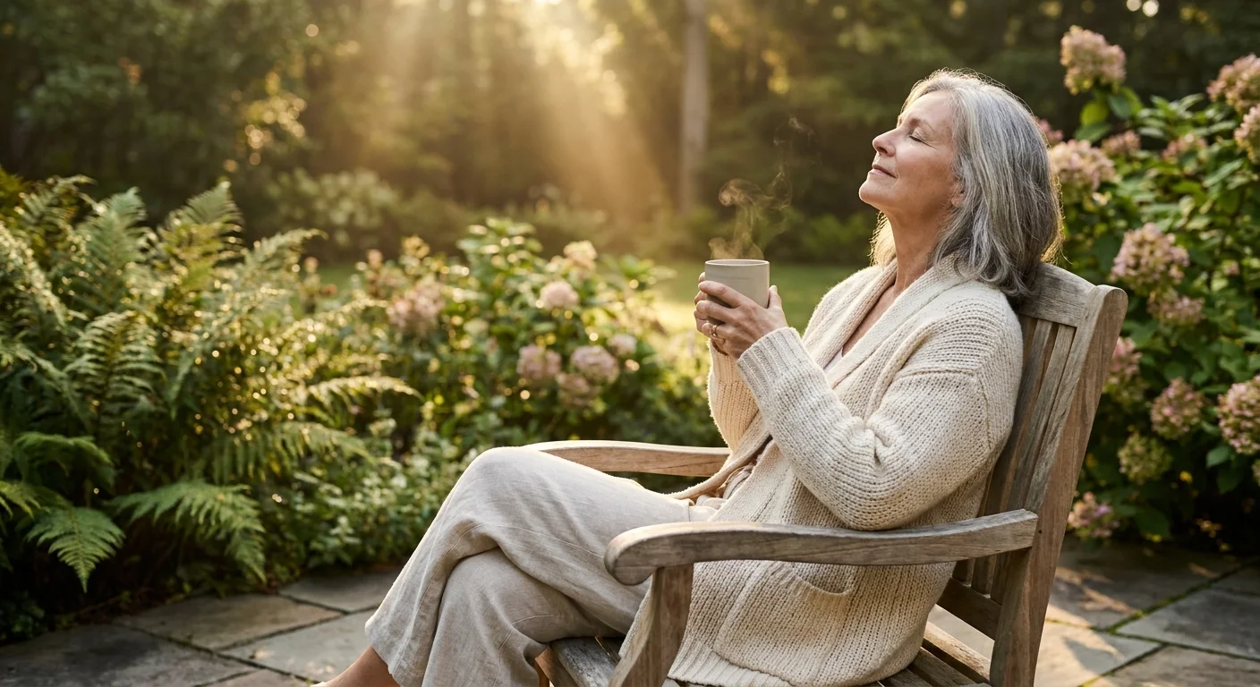 A senior woman sitting on a sunlit patio in a knit sweater, enjoying a peaceful morning with a warm drink.