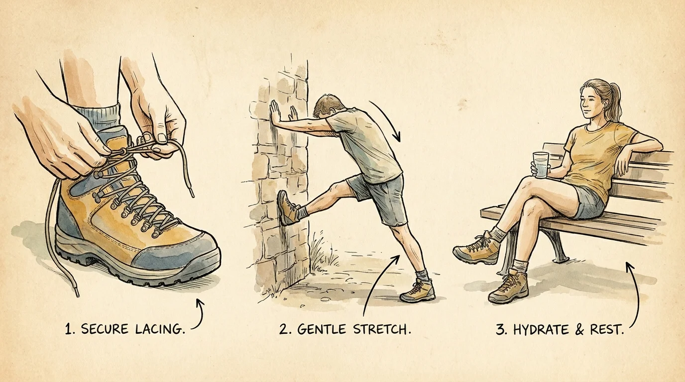 A series of three small illustrations showing safe exercise habits: proper shoes, stretching, and resting.