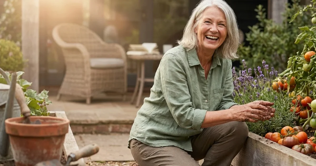 A smiling senior woman gardening in warm sunlight, representing a vibrant and active retirement lifestyle.