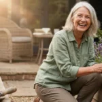 A smiling senior woman gardening in warm sunlight, representing a vibrant and active retirement lifestyle.