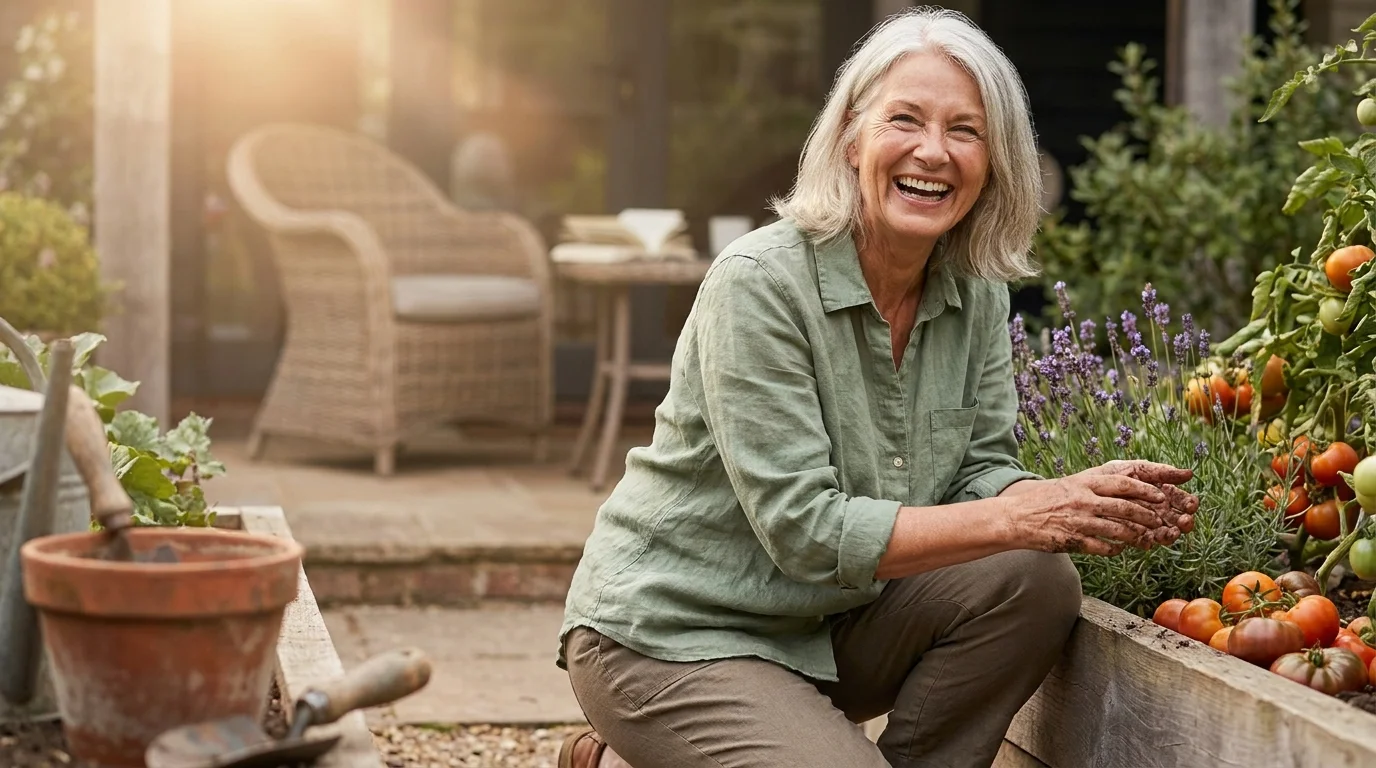 A smiling senior woman gardening in warm sunlight, representing a vibrant and active retirement lifestyle.