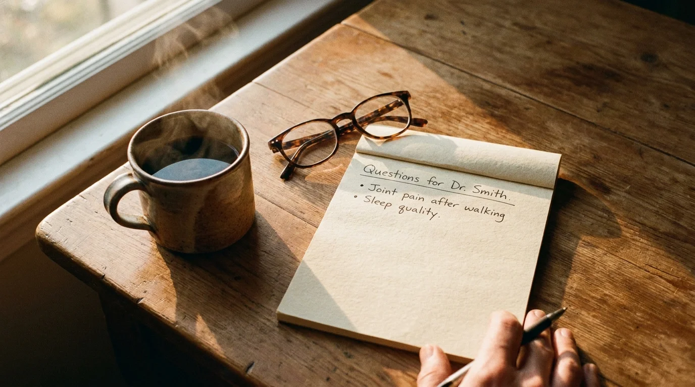 A top-down photo of a notepad with questions for a doctor, sitting next to a coffee mug.