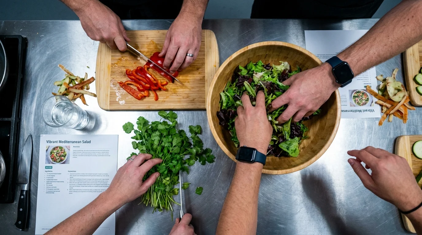 A top-down photo of several people's hands preparing fresh vegetables together in a bright kitchen cooking class.