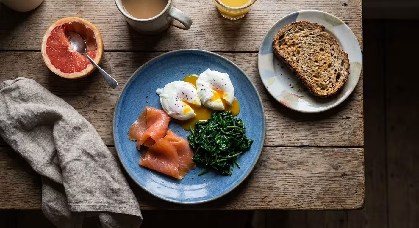 A top-down view of a protein-rich breakfast featuring poached eggs, smoked salmon, and spinach on a wooden table.