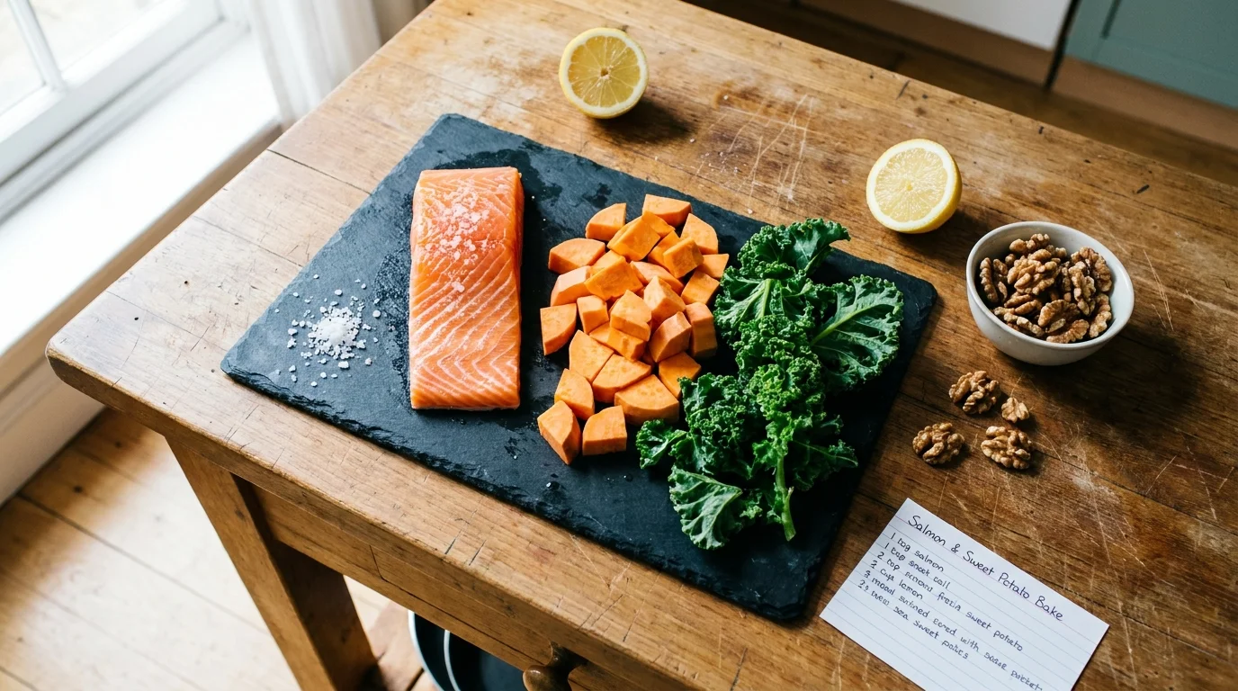 A top-down view of fresh salmon, kale, and sweet potatoes being prepared on a wooden kitchen island.