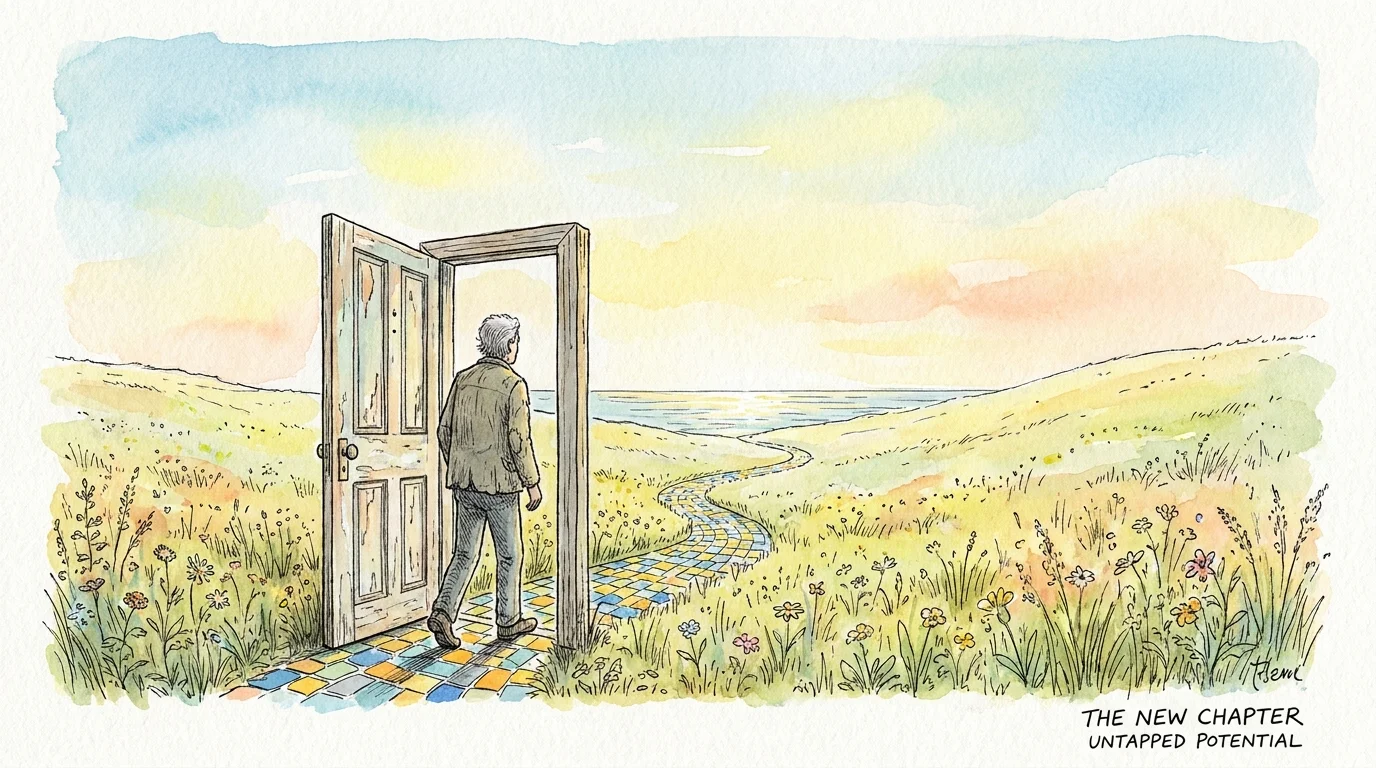 A watercolor illustration of a person stepping through a doorway into a bright, colorful landscape.