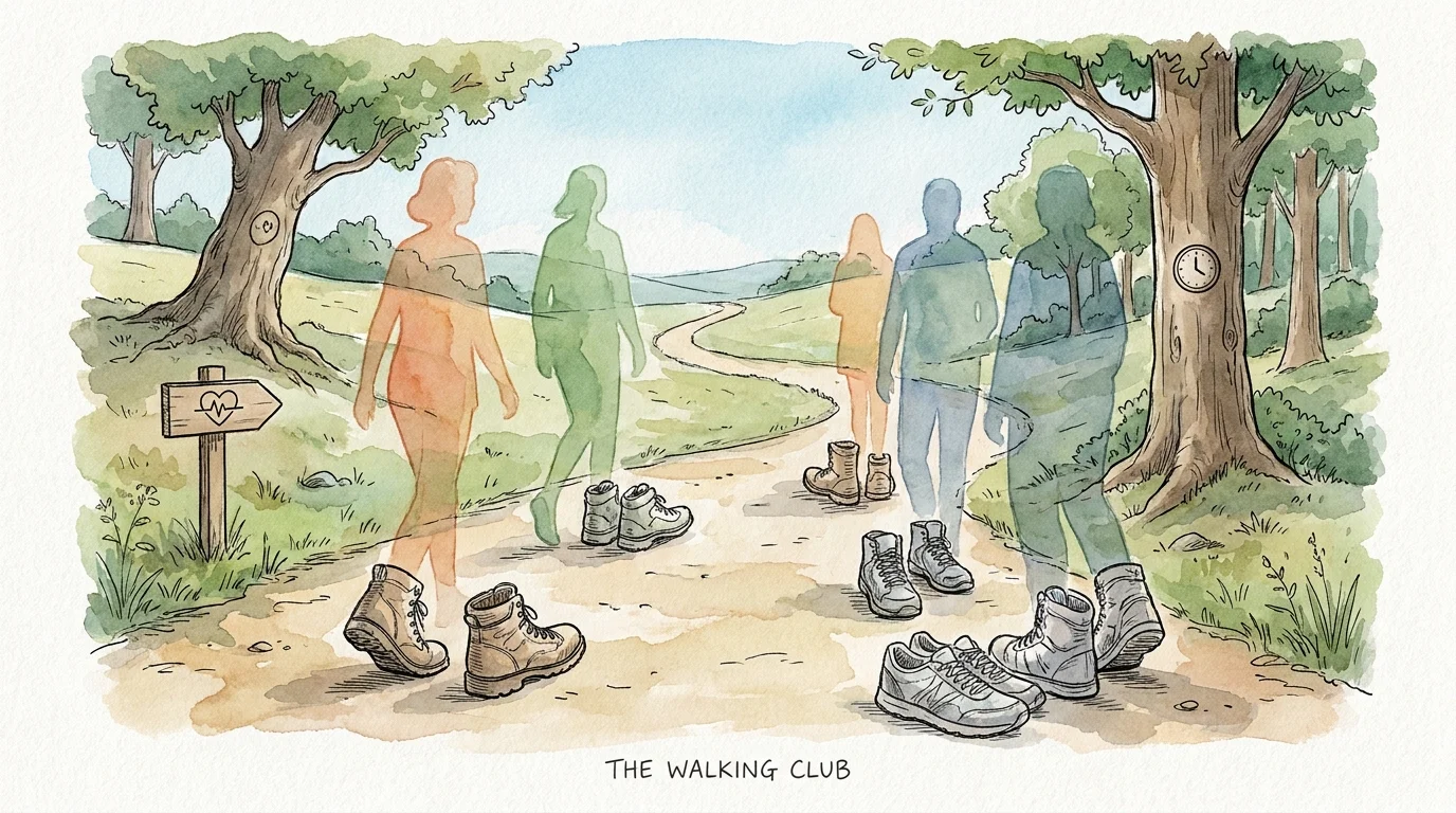 A watercolor illustration of a winding trail with pairs of walking shoes, symbolizing a social walking club.