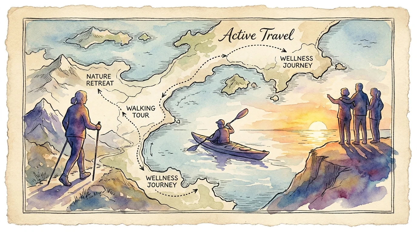 A watercolor map illustration with silhouettes of seniors hiking and kayaking on an active travel retreat.