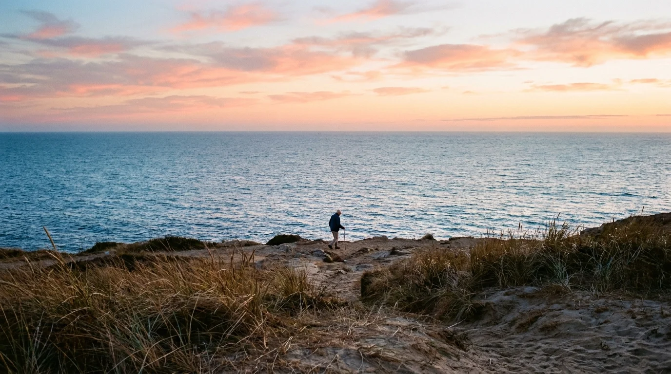 A wide shot of a person walking along a beautiful coastline during a vibrant sunset.