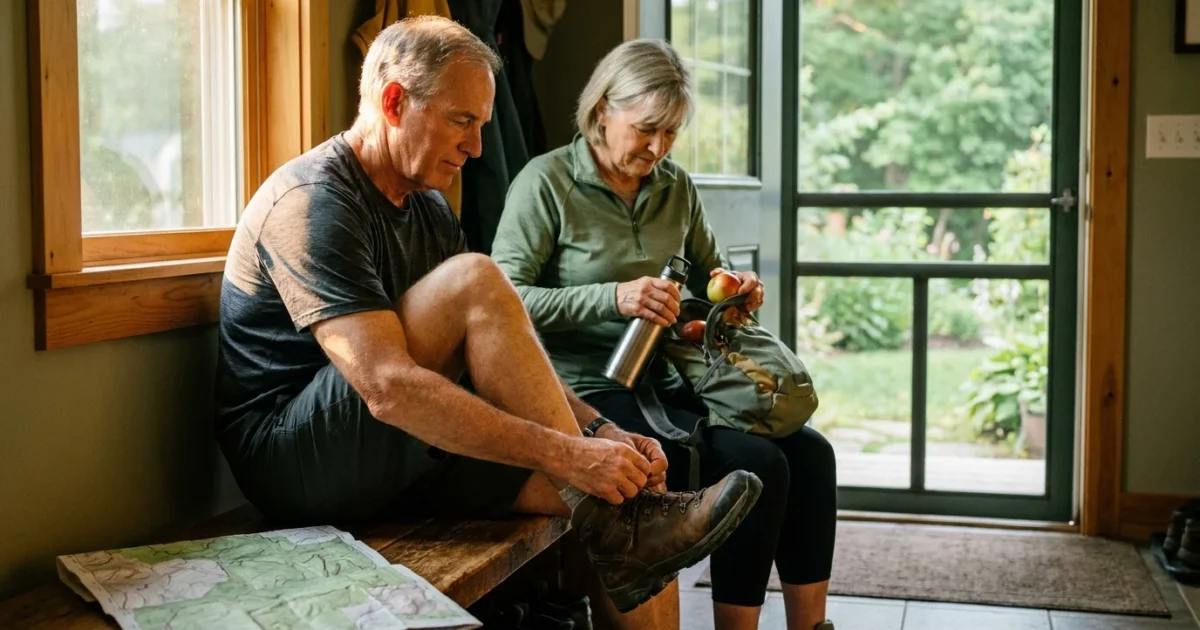 An active senior couple in their 60s prepares for a hike in a sunlit mudroom, lacing up boots and packing a bag.