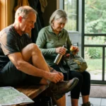 An active senior couple in their 60s prepares for a hike in a sunlit mudroom, lacing up boots and packing a bag.