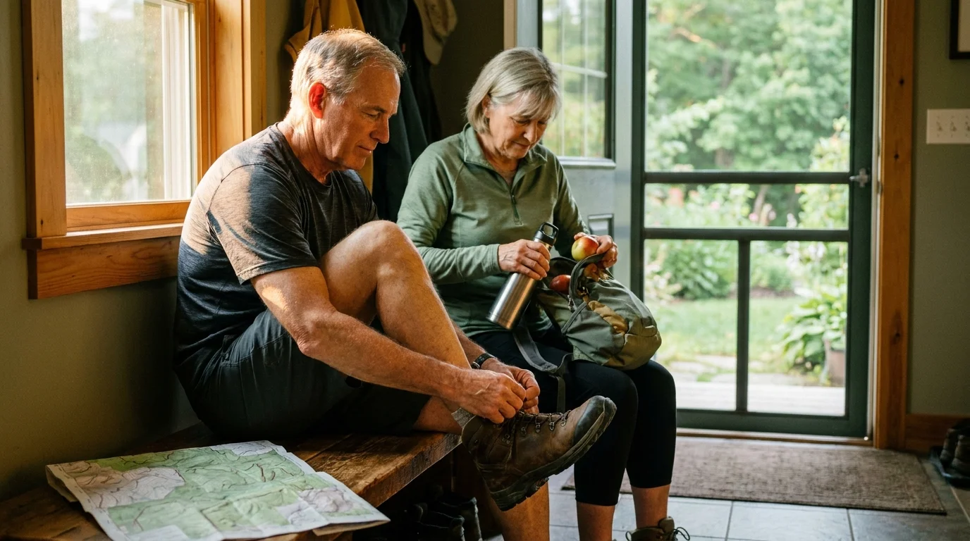 An active senior couple in their 60s prepares for a hike in a sunlit mudroom, lacing up boots and packing a bag.