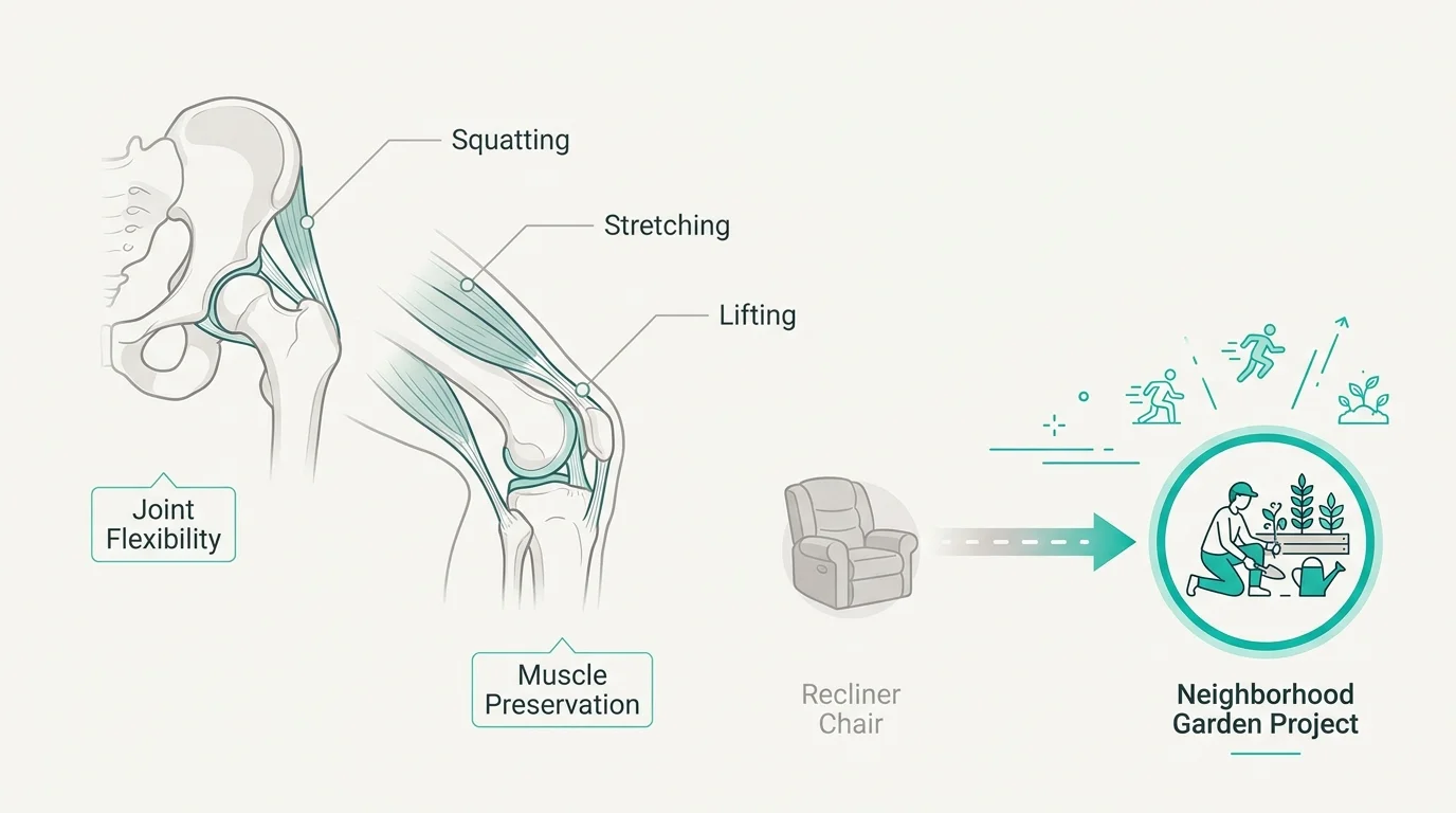 An anatomical diagram illustrating how gardening tasks like squatting and lifting improve joint flexibility and muscle strength.