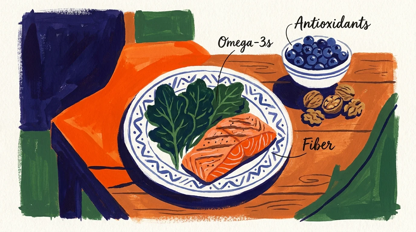 An artistic illustration of anti-inflammatory foods including salmon, walnuts, and berries.
