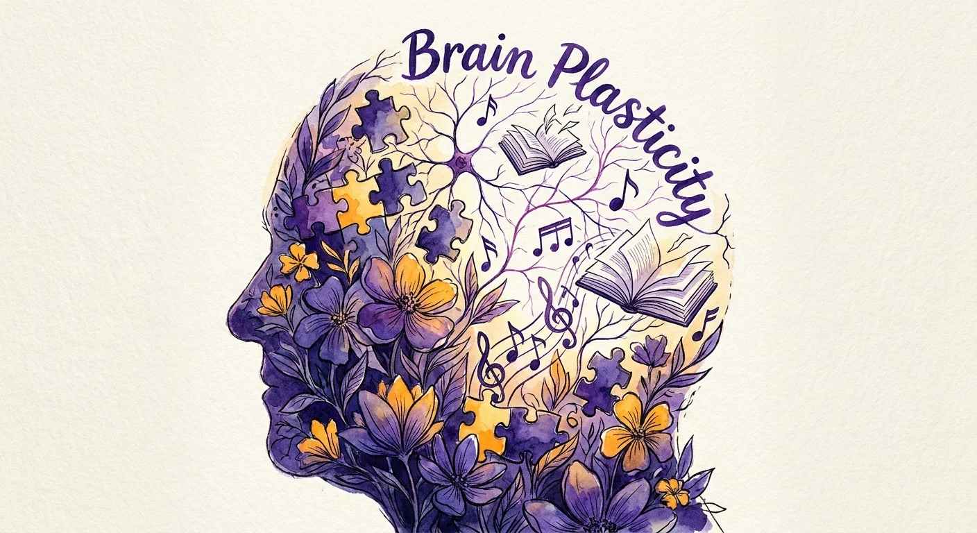 An illustration of a head filled with a garden of puzzles and books, symbolizing cognitive growth and brain plasticity.
