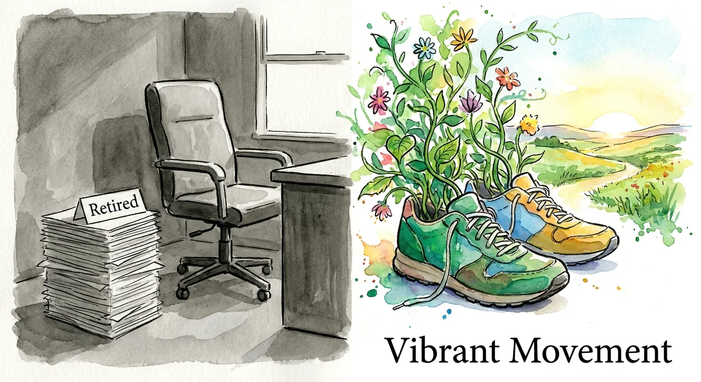 An illustration showing the transition from a grayscale office chair to vibrant walking shoes blooming with life.