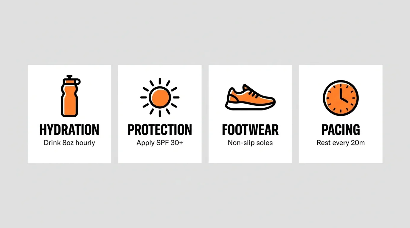 An infographic checklist for senior safety featuring icons for hydration, sun protection, footwear, and pacing.