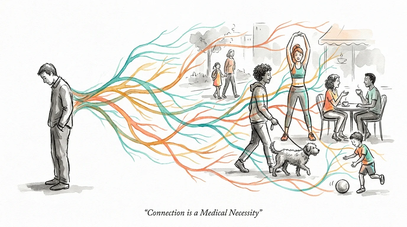 An ink and watercolor illustration showing colorful lines of connection reaching out from a person toward a diverse group.