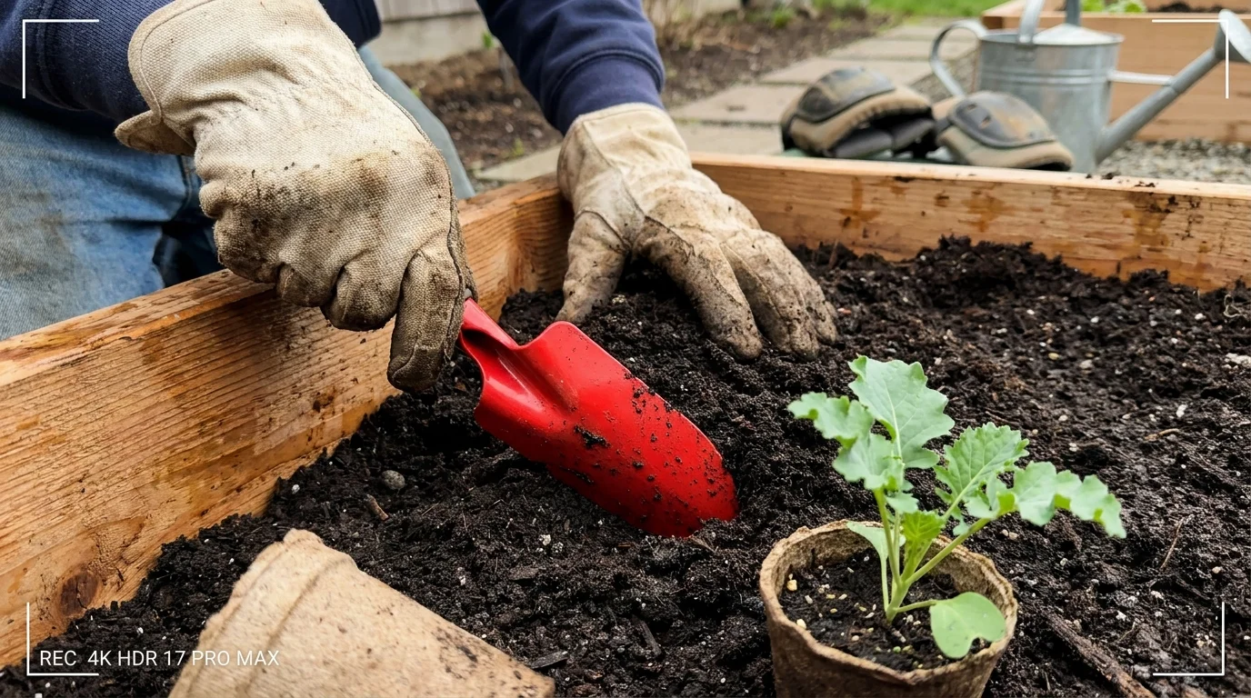 Close-up of a senior's hands in gardening gloves using an ergonomic trowel to plant a seedling in a raised bed.