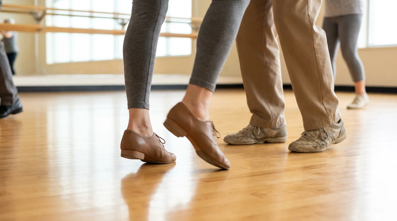 Close-up of seniors' feet in a dance class on a polished wooden floor, showing movement and coordination.